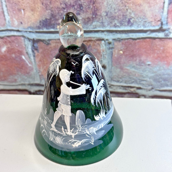 Vtg Mary Gregory Style Emerald Green Glass Bell Hand-painted White Enamel 4.5" - Picture 1 of 6
